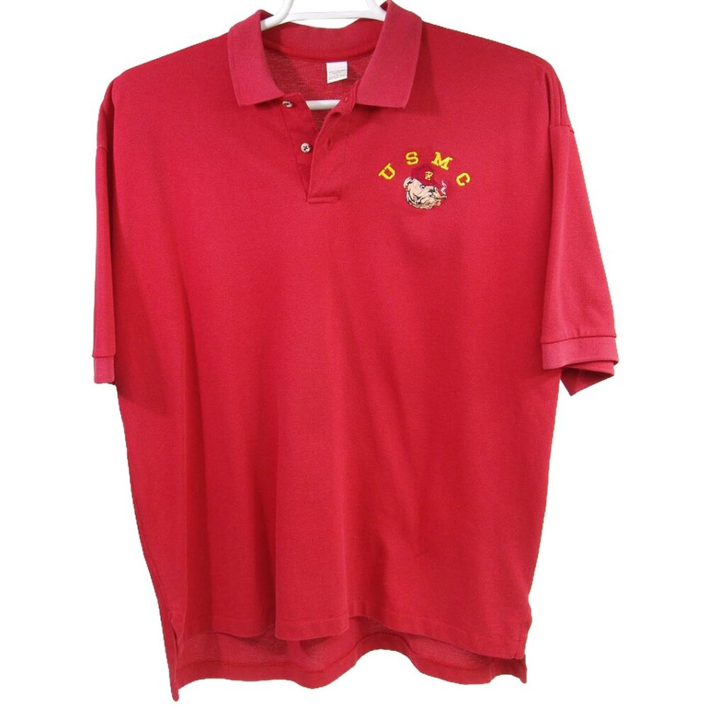 Vtg 1990s Red Polo/Golf Shirt USMC Marine Corps Bulldog Smoking Cigar USA MADE